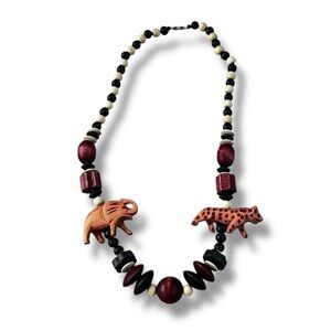 Vintage Wood Bead Necklace Carved Animals African Elephant Leopard Safari 28"